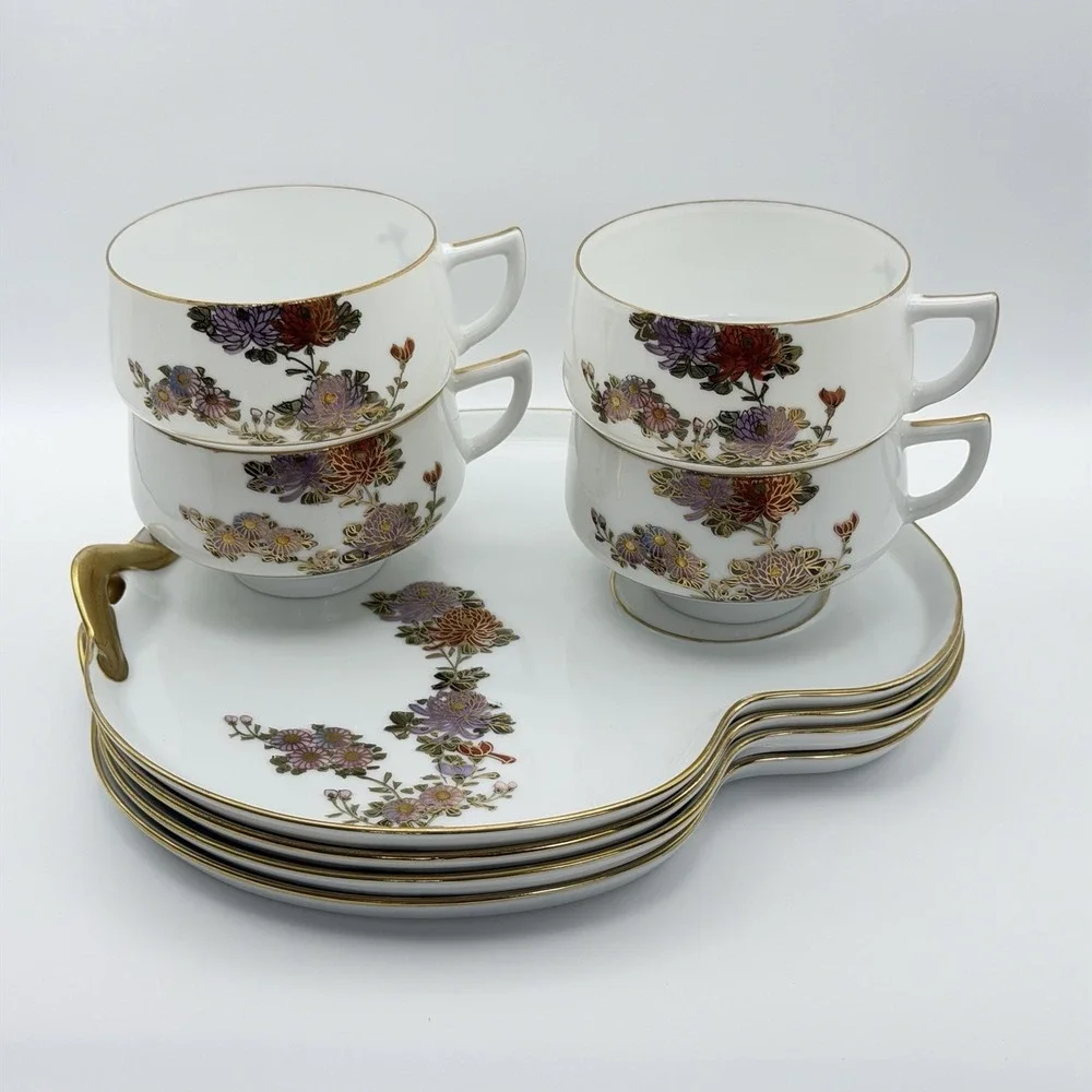 Vintage Kutani Style Kyoto Japan Tea Set 4 Cups Snack Trays Eggshell Gold Floral